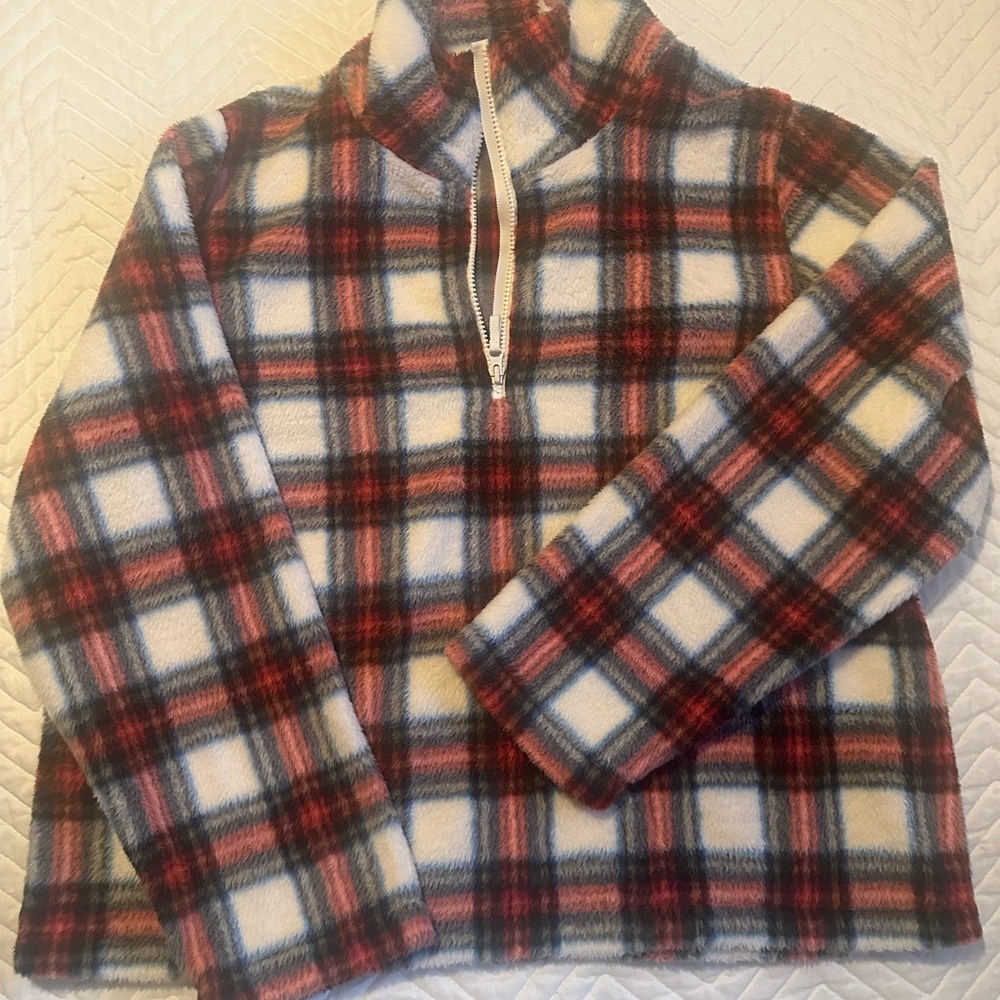 J. Crew Women’s Plaid Fleece Quarter Zip - Red, Blue, Green, White